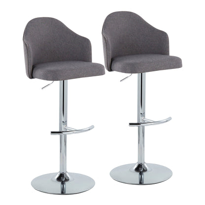 Contemporary adjustable barstool pair with swivel, grey fabric upholstery and chrome bases on Tampa Home & Garden Store