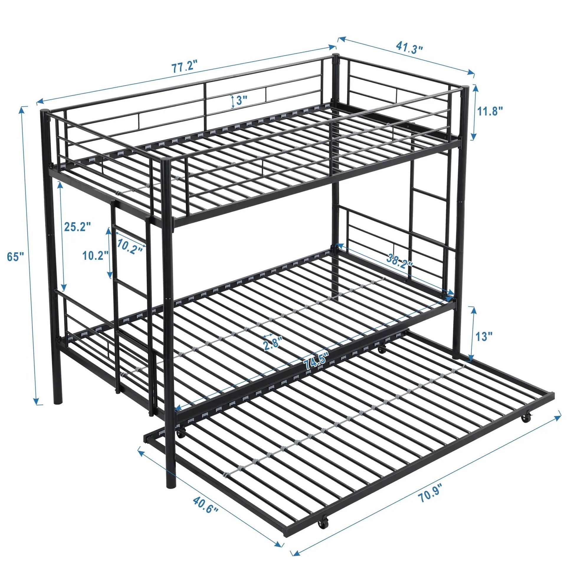 Bunk bed with trundle in black metal frame with guard rails by Unique Piece Furniture on Tampa Home & Garden Store