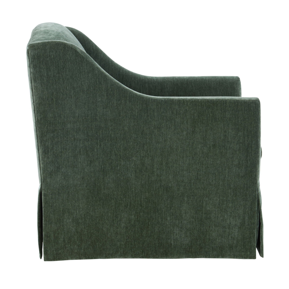Skirted swivel accent chair in dark green velvet with curved back on Tampa Home & Garden Store