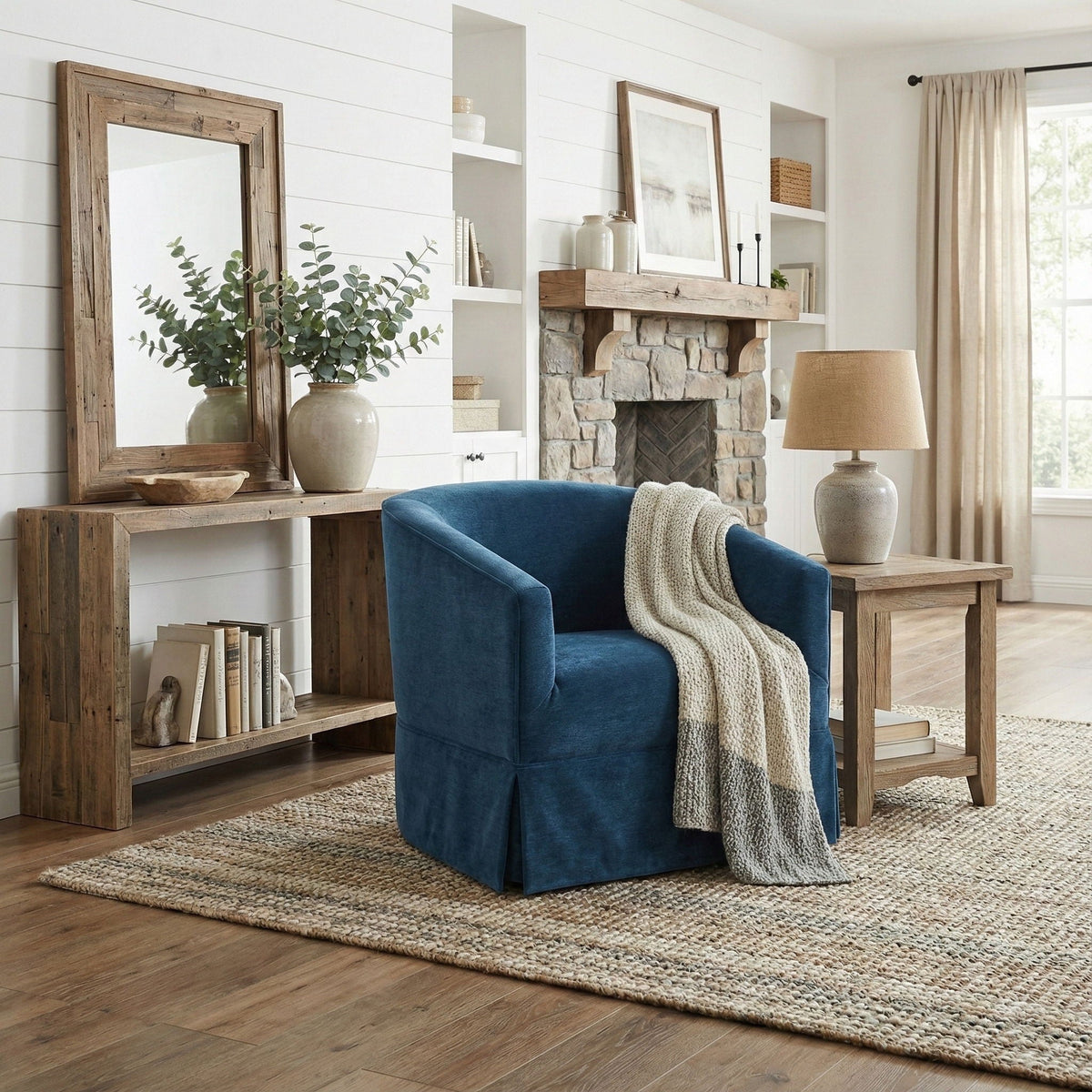 Skirted swivel chair in blue by HouseOfZazla with 360° rotation on Tampa Home & Garden Store