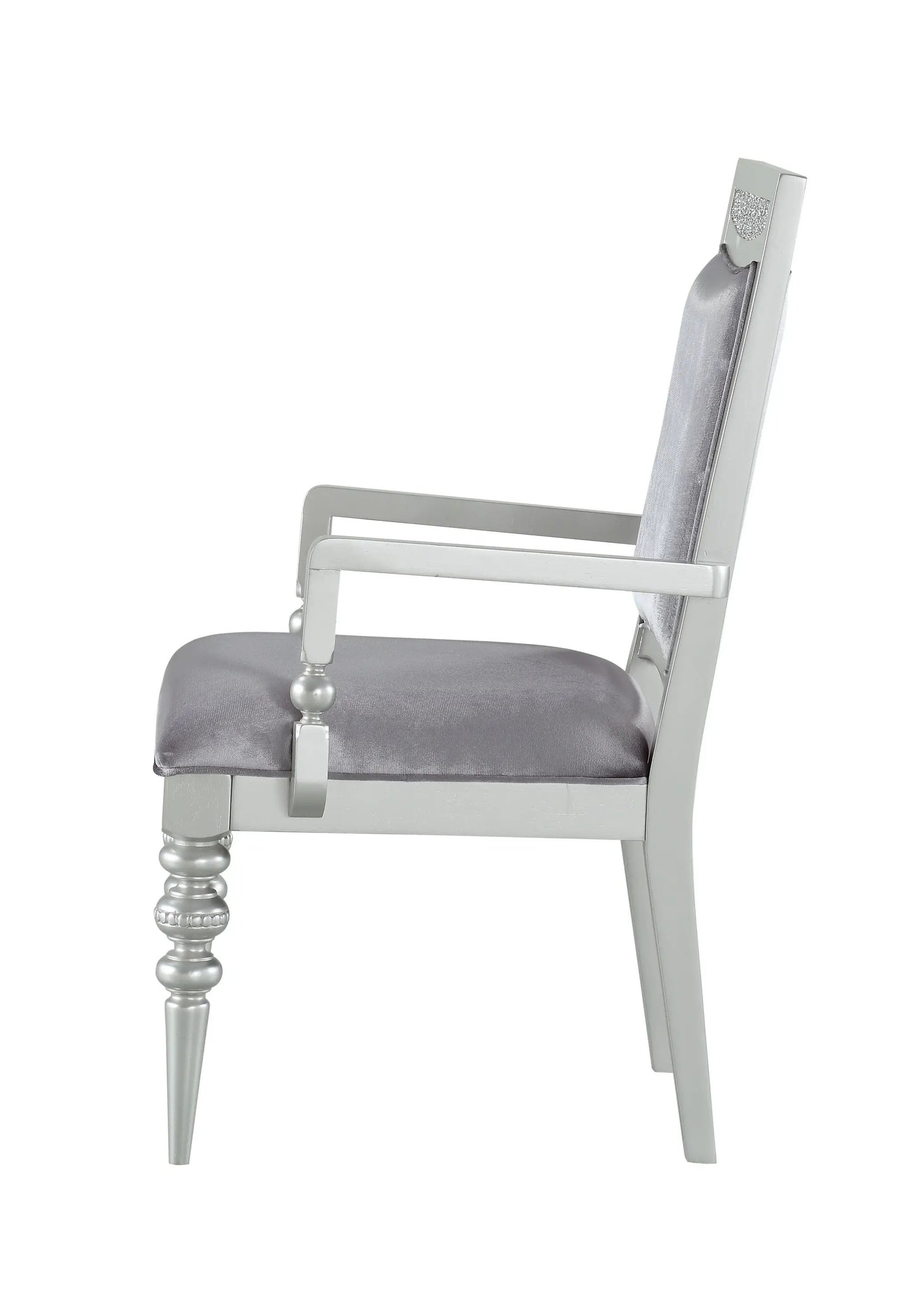 Maverick Arm Chair (Set of 2) in silver with gray satin upholstery and turned legs on Tampa Home & Garden Store