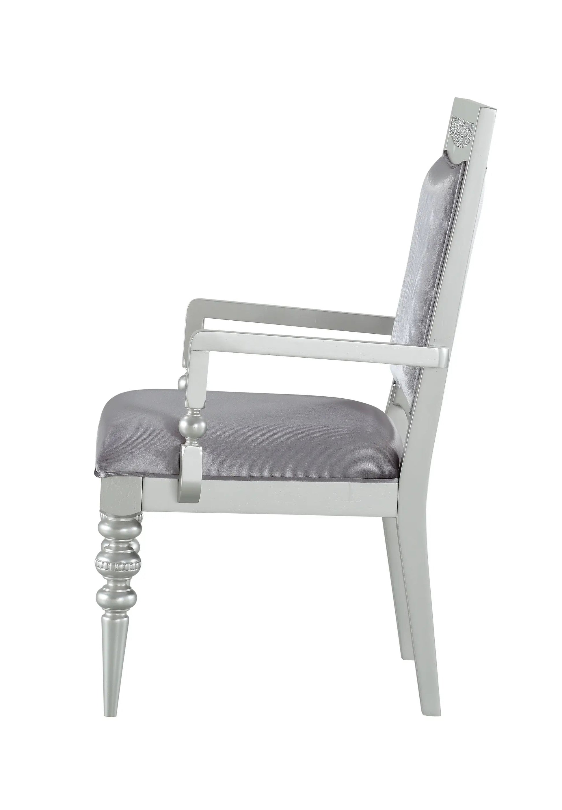 Maverick Arm Chair (Set of 2) in silver with gray satin upholstery and turned legs on Tampa Home & Garden Store