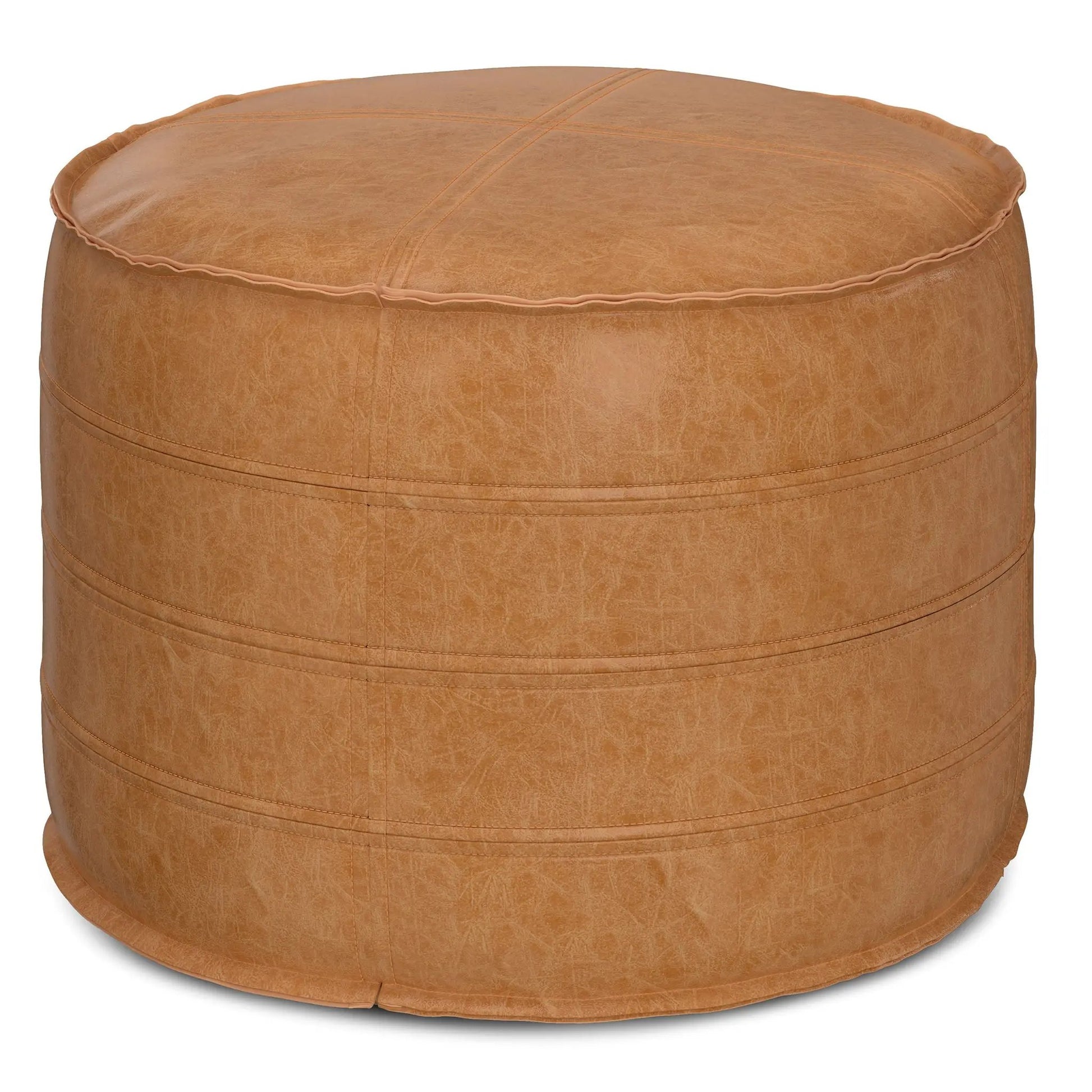 Brody Round Pouf leather-look tan accent pouf with stitched seams braided edge on Tampa Home & Garden Store