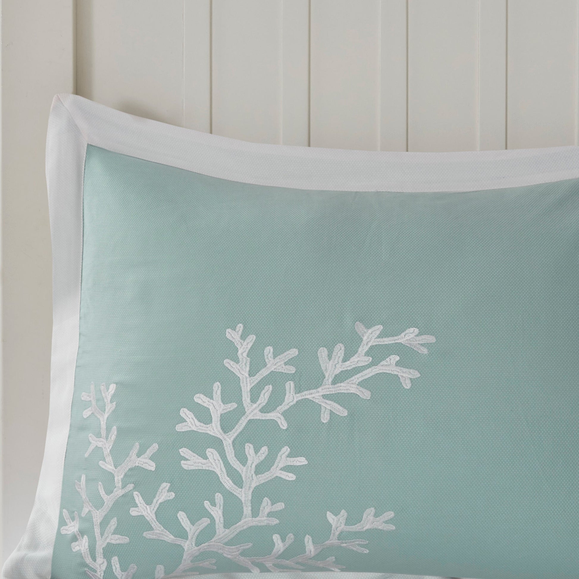 Oversized cotton jacquard comforter set aqua queen with white coral pattern and piping on Tampa Home & Garden Store
