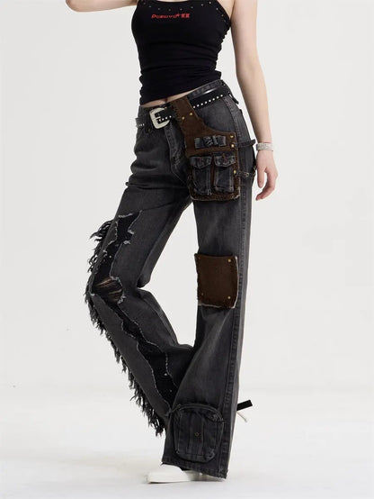 Women's tassel patch jeans FLIPSTYLEZLLC black denim brown suede patches cargo pockets on Tampa Home & Garden Store