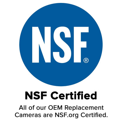 Backup camera NSF Certified badge on white background, blue circle with white NSF letters on Tampa Home & Garden Store