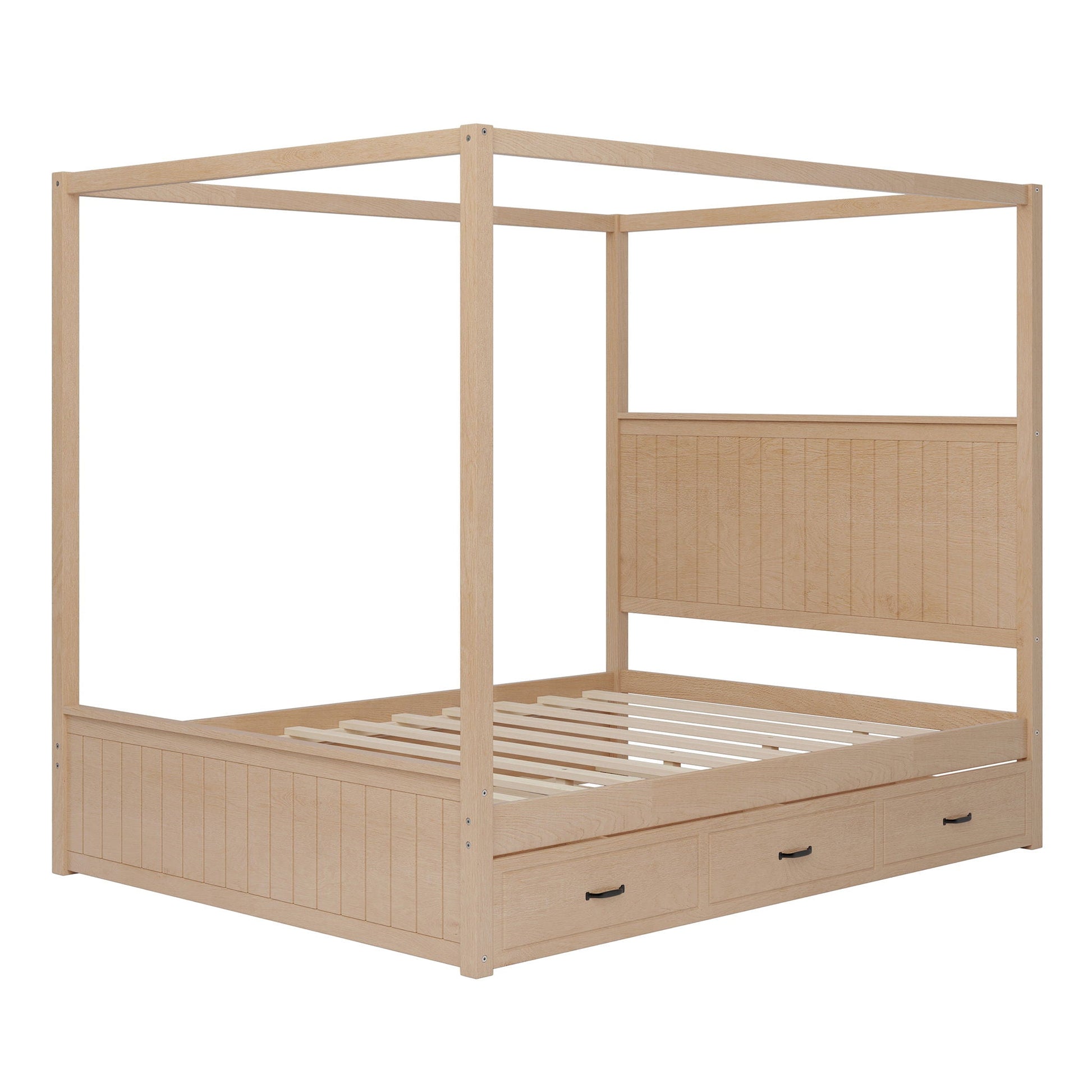 Canopy platform bed with trundle and 3 storage drawers, natural oak finish, HouseOfZazla on Tampa Home & Garden Store