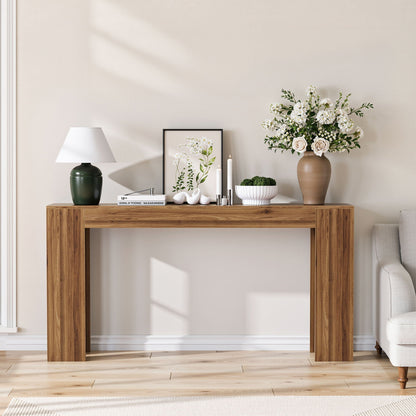 Farmhouse style extra long walnut console table with slim profile in dark brown on Tampa Home & Garden Store