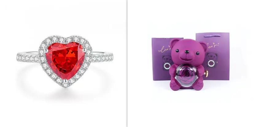 Heart ruby ring with diamond halo on silver band; purple teddy bear jewelry box gift set on Tampa Home & Garden Store