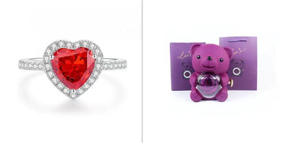 Heart ruby ring with diamond halo on silver band; purple teddy bear jewelry box gift set on Tampa Home & Garden Store