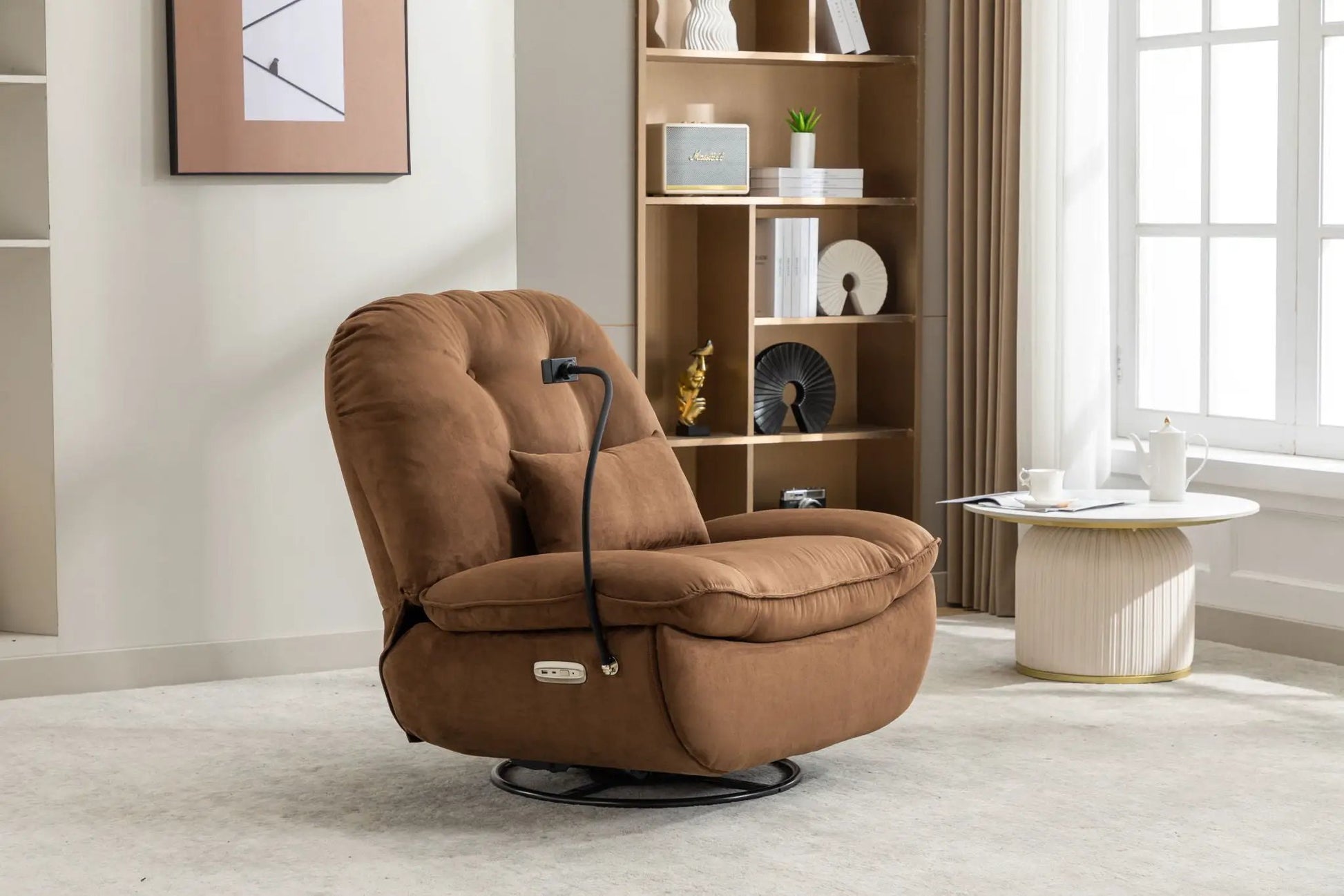 Power recliner swivel glider chair with USB charger in brown suede fabric on Tampa Home & Garden Store