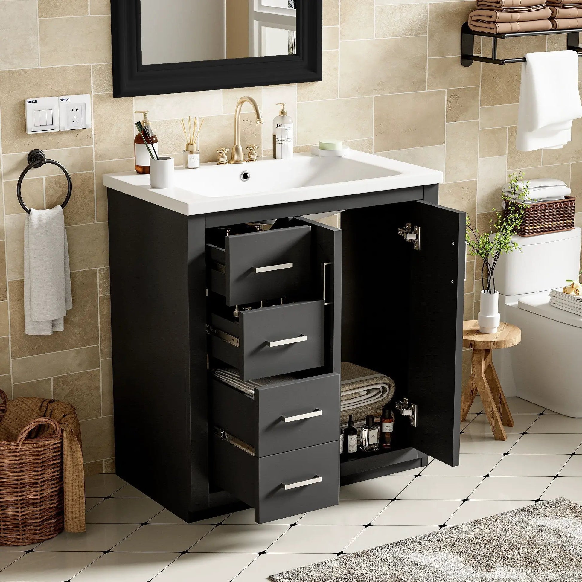 Ceramic sink combo freestanding vanity with 3 drawers, black finish, soft-close doors on Tampa Home & Garden Store
