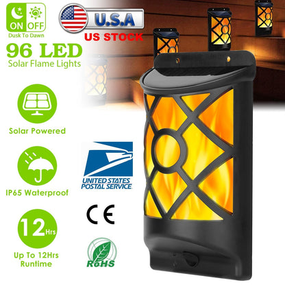 Flame Solar Lights Outdoor 96 LEDs Wall Mount Lamp black housing on Tampa Home & Garden Store