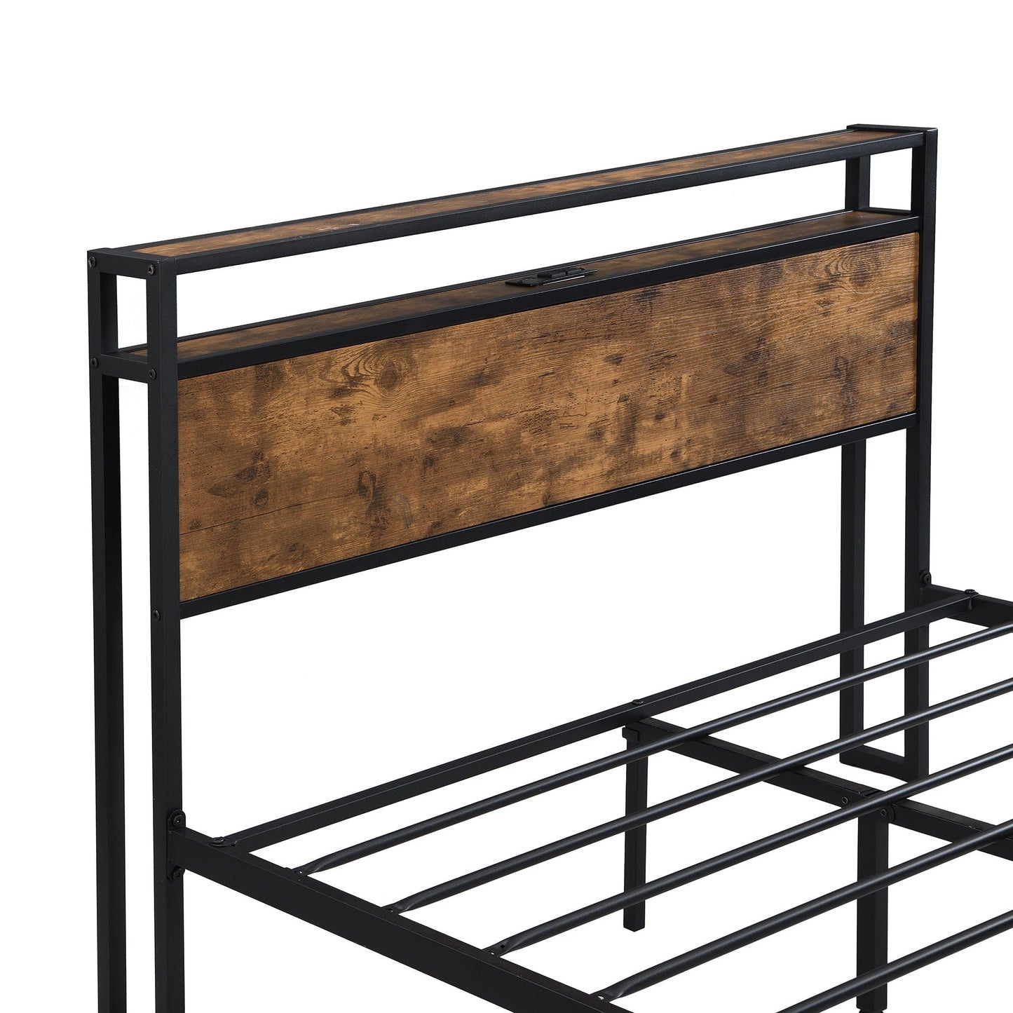 Metal Platform Bed with Wooden Headboard and Usb
