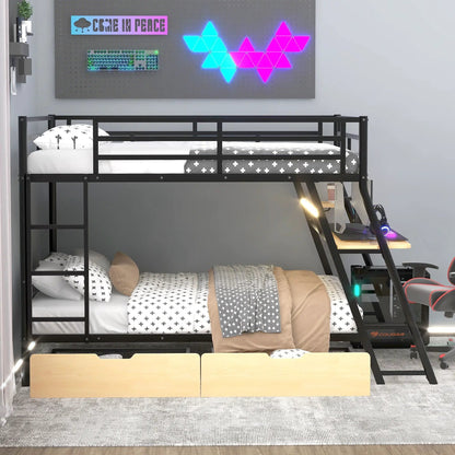 Full size bunk bed with built-in desk, light, and two under-bed drawers in black metal on Tampa Home & Garden Store