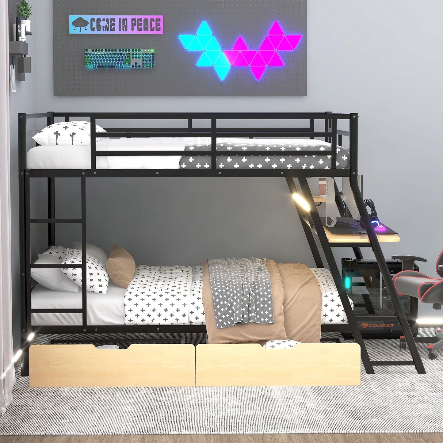 Full size black metal bunk bed with built-in desk, LED light, and 2 drawers by HouseOfZazla on Tampa Home & Garden Store