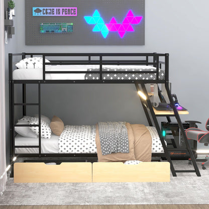 Full size black metal bunk bed with built-in desk, LED light, and 2 drawers by HouseOfZazla on Tampa Home & Garden Store