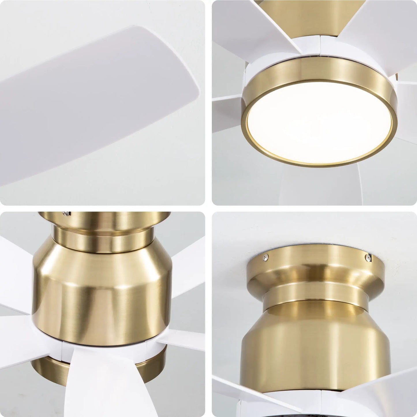 Flush mount ceiling fan with LED light, white blades and brass ring, DC motor on Tampa Home & Garden Store