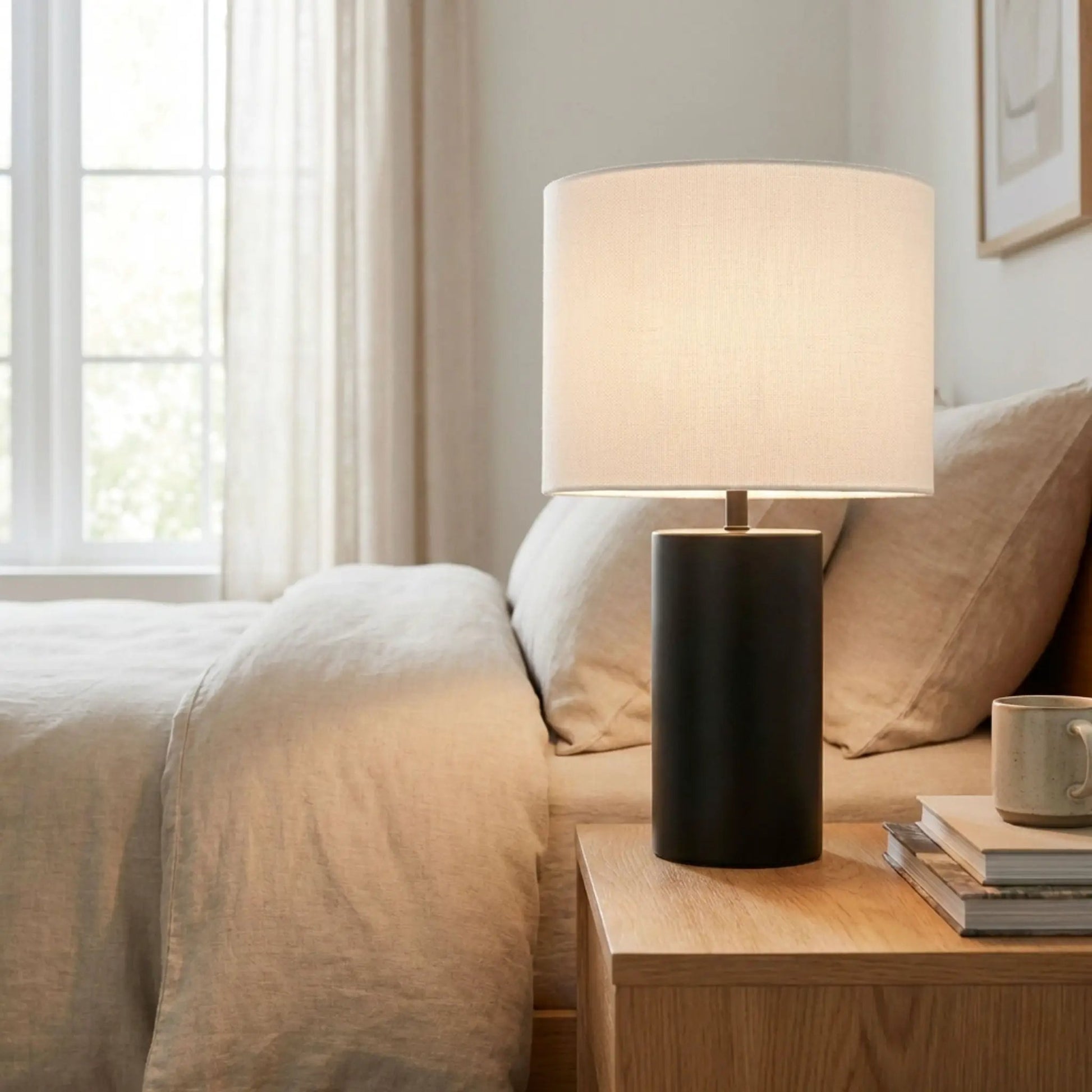 Aura table lamp with black block base and beige fabric shade on Tampa Home & Garden Store