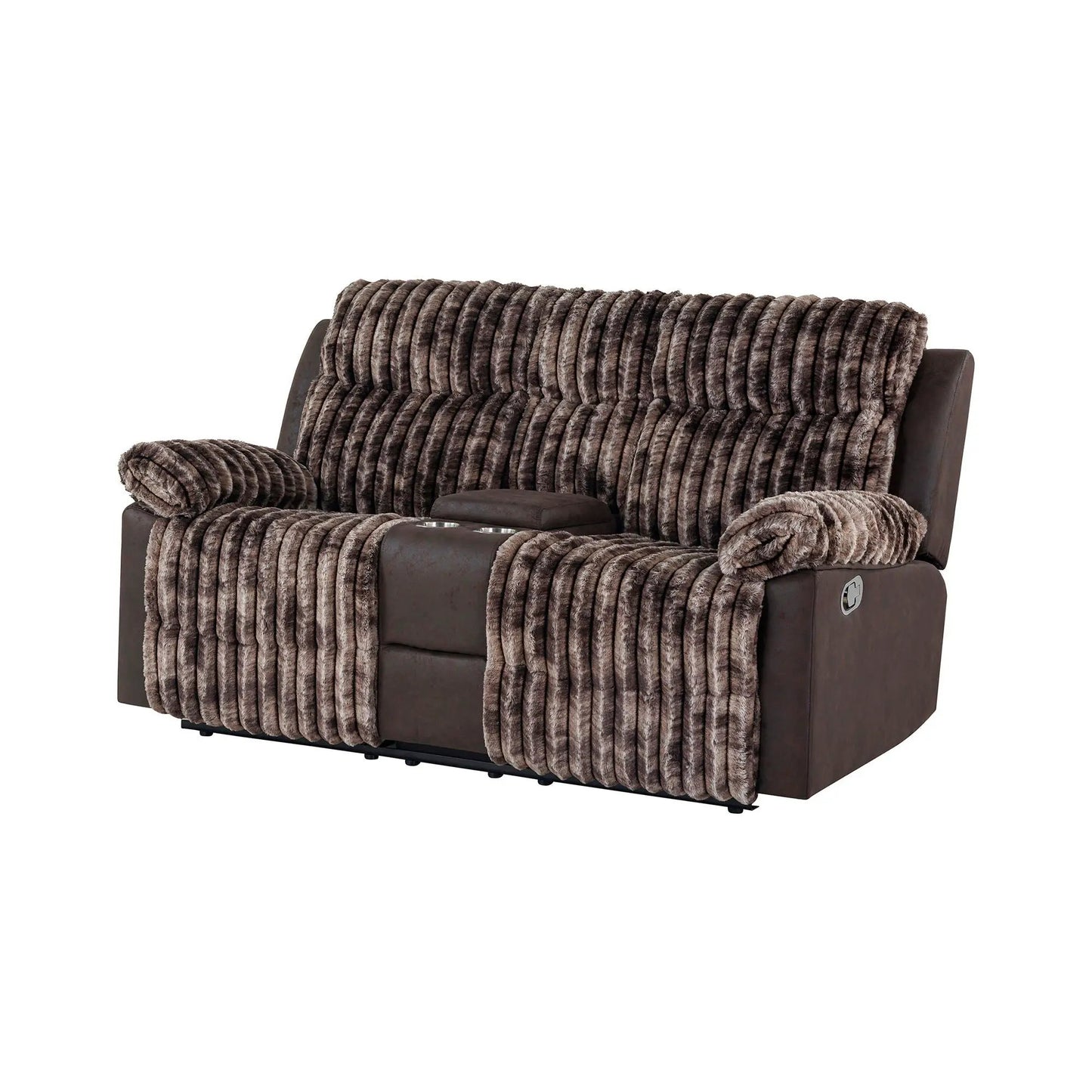 Bruni Console Reclining Loveseat with Manual Recline, dark brown leather, cupholders on Tampa Home & Garden Store