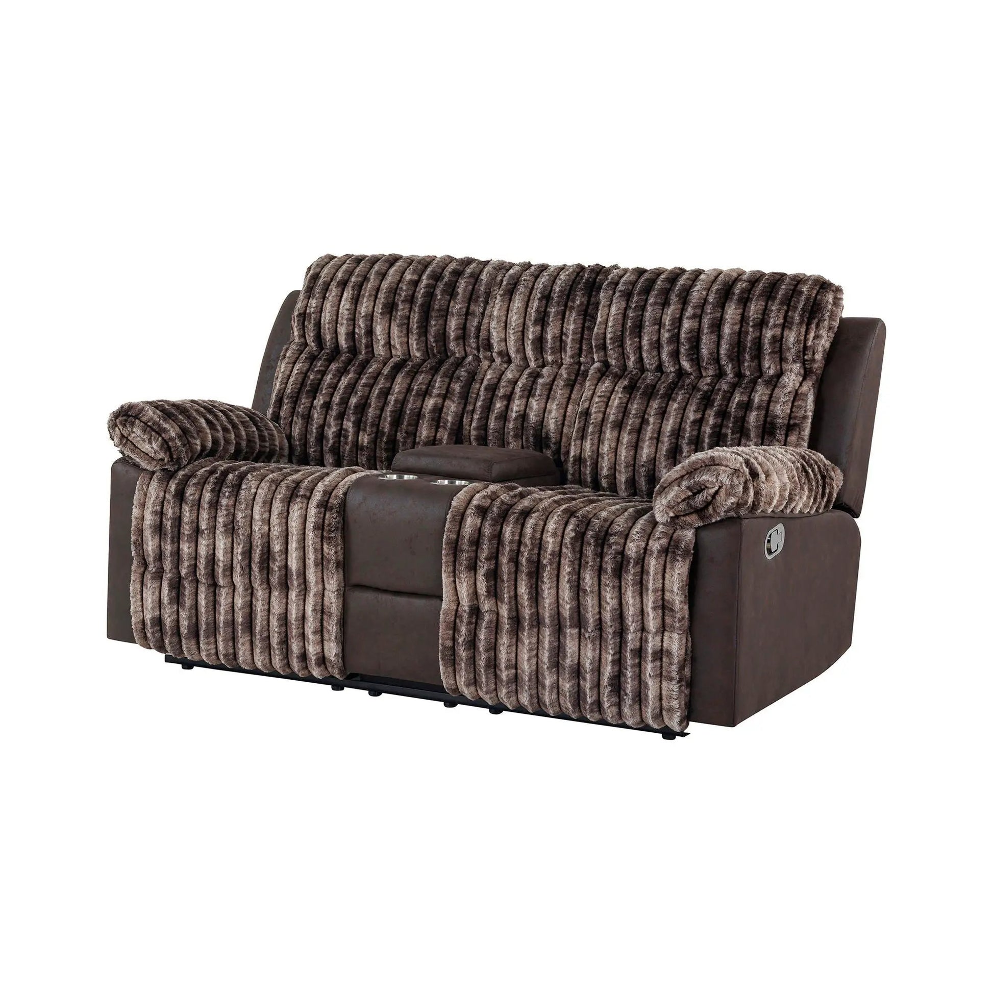 Bruni Console Reclining Loveseat with Manual Recline, dark brown leather, cupholders on Tampa Home & Garden Store