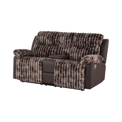 Bruni Console Reclining Loveseat with Manual Recline, dark brown leather, cupholders on Tampa Home & Garden Store