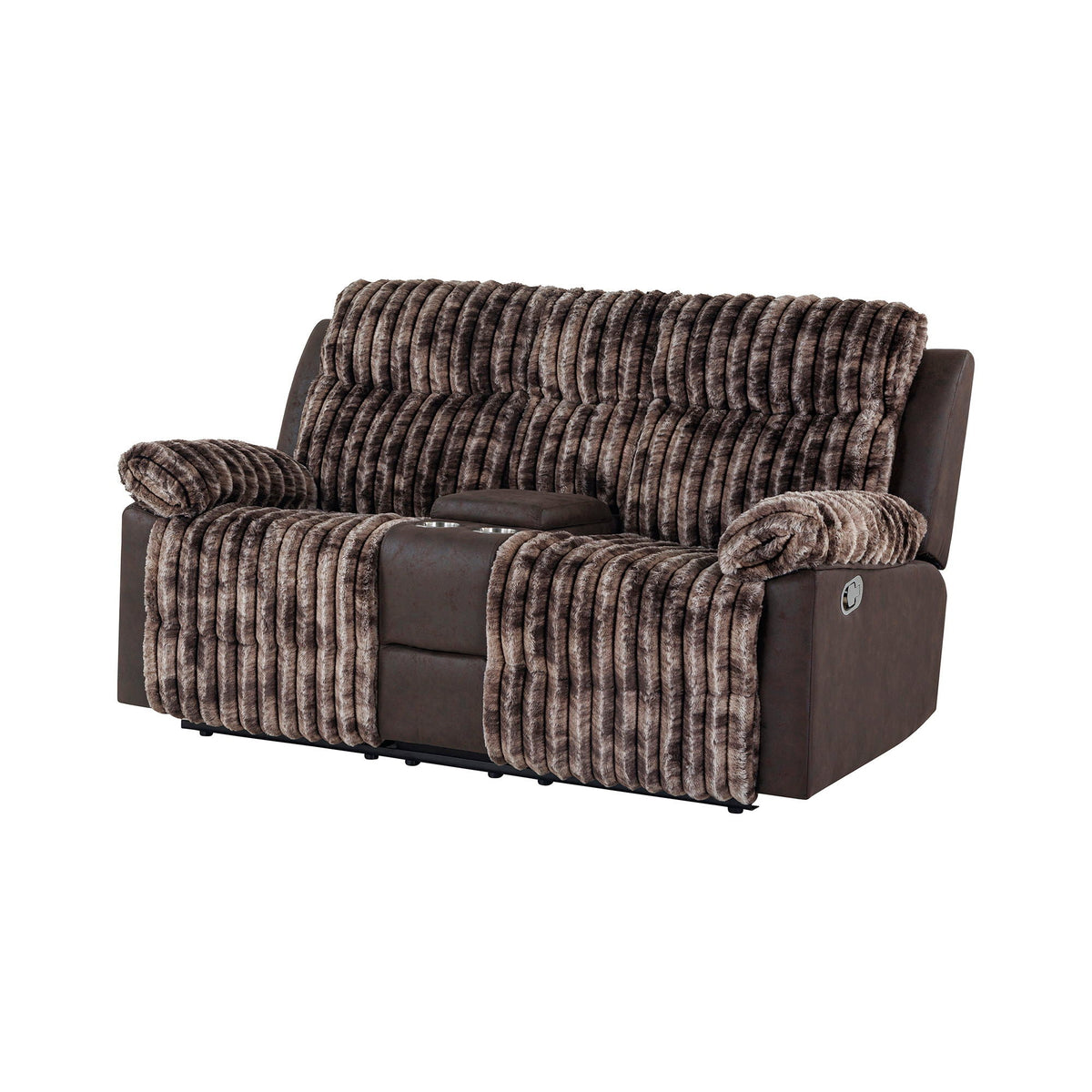 Bruni Manual Reclining Loveseat and Console; brown reclining loveseat with plush fur throw on Tampa Home & Garden Store
