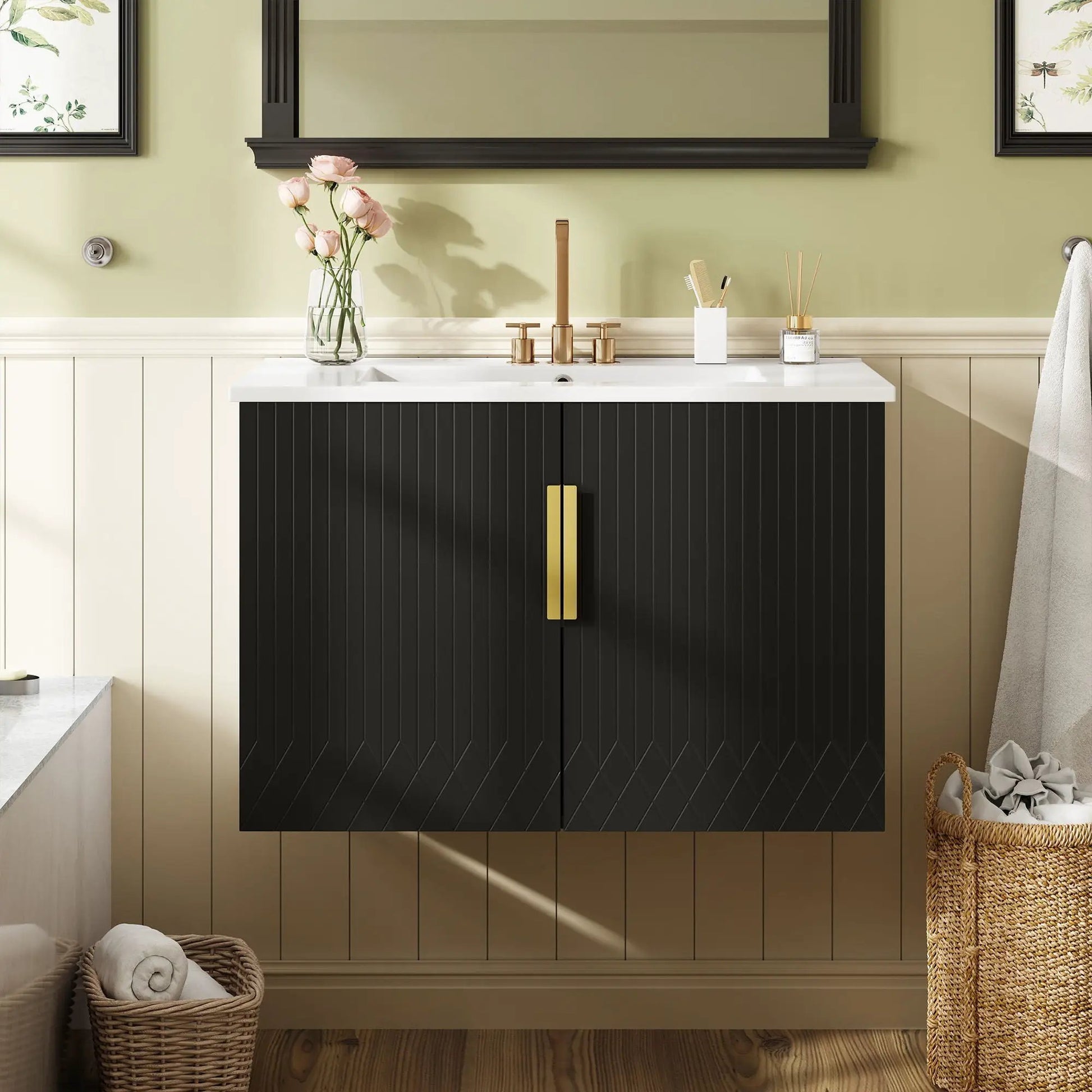 Bathroom vanity with sink, black cabinet with 2 soft closing doors and white countertop on Tampa Home & Garden Store