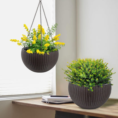 Self Watering Hanging Planter by HouseOfZazla wicker with metal chain, yellow blooms on Tampa Home & Garden Store