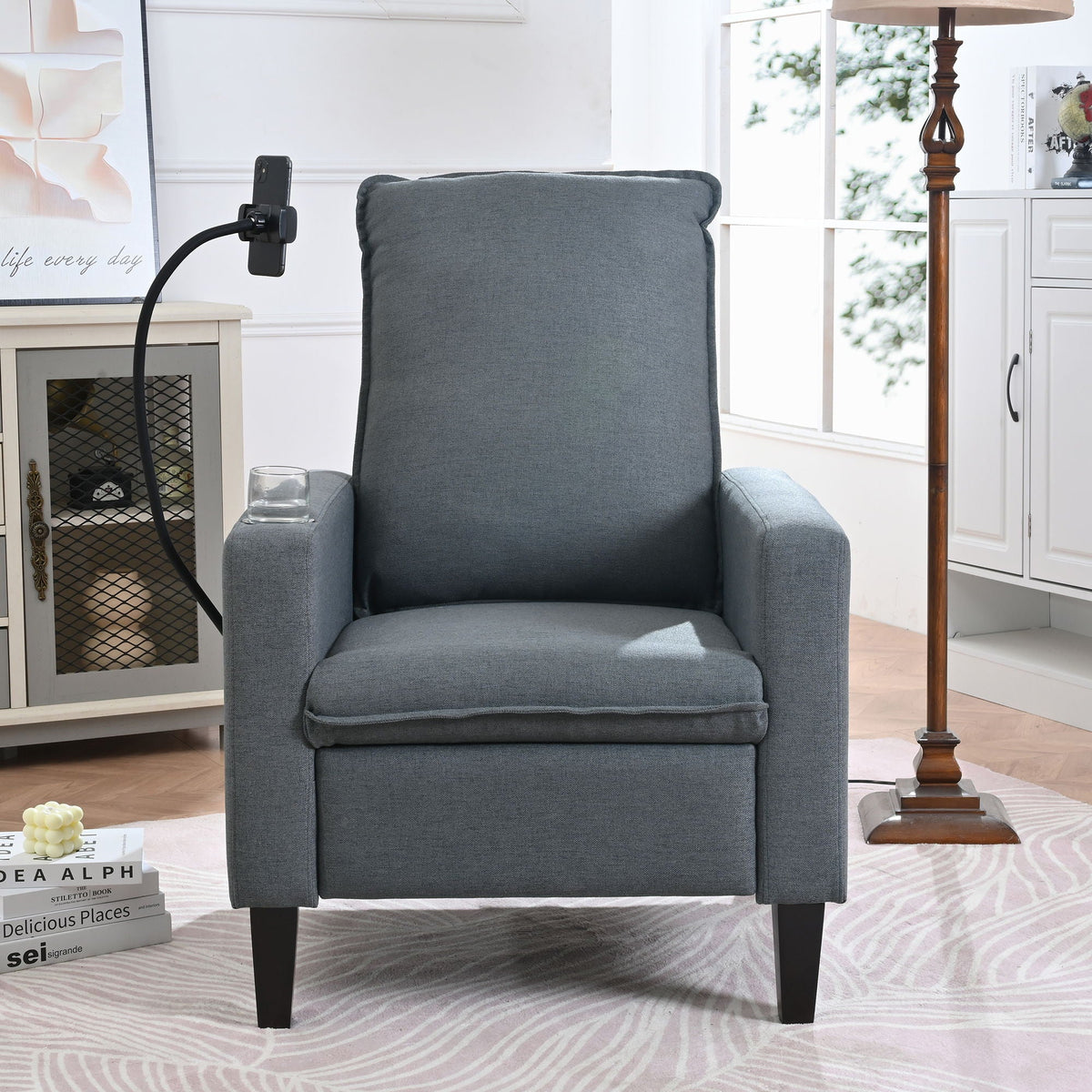 Recliner chair gray fabric by HouseOfZazla with phone holder and cup holder on Tampa Home & Garden Store