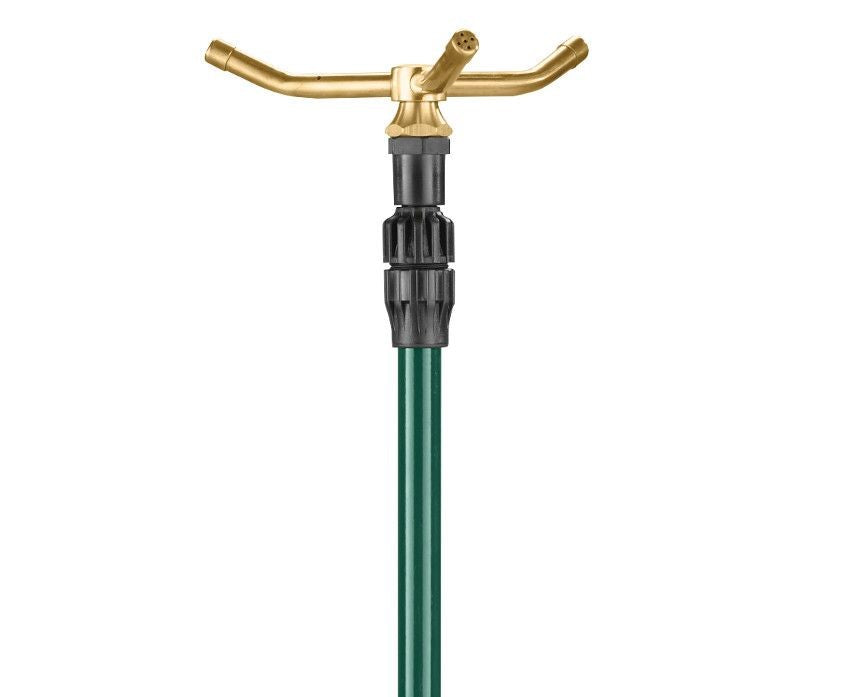 Telescoping high rise brass 3-arm sprinkler with step spike, Orbit Irrigation hose end on Tampa Home & Garden Store