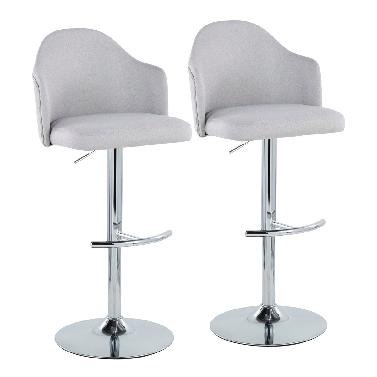 Contemporary adjustable barstool set with swivel seats, 2 light gray stools on chrome bases on Tampa Home & Garden Store