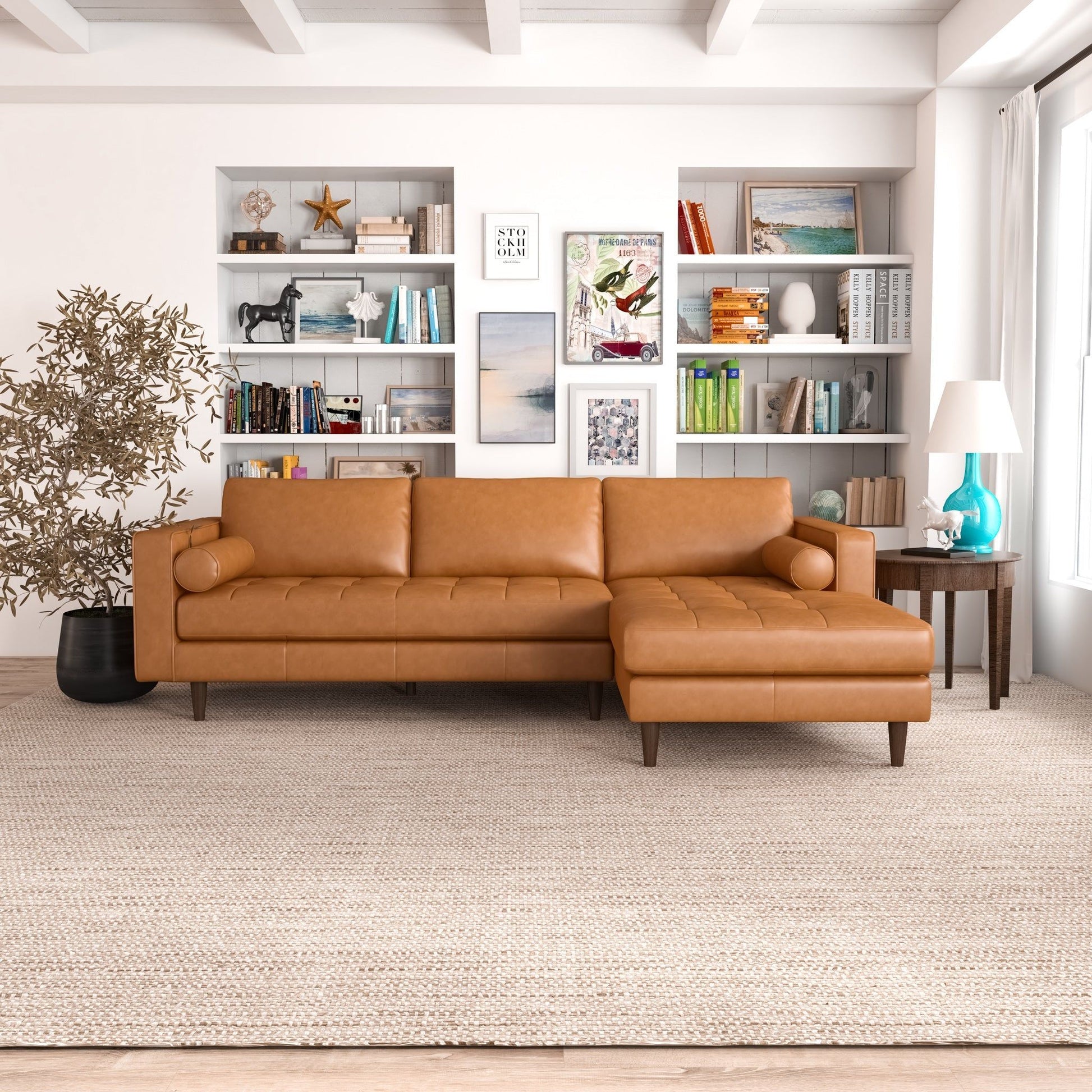 Anthony Corner Sectional Sofa tan leather by HouseOfZazla with slim legs in a living room on Tampa Home & Garden Store
