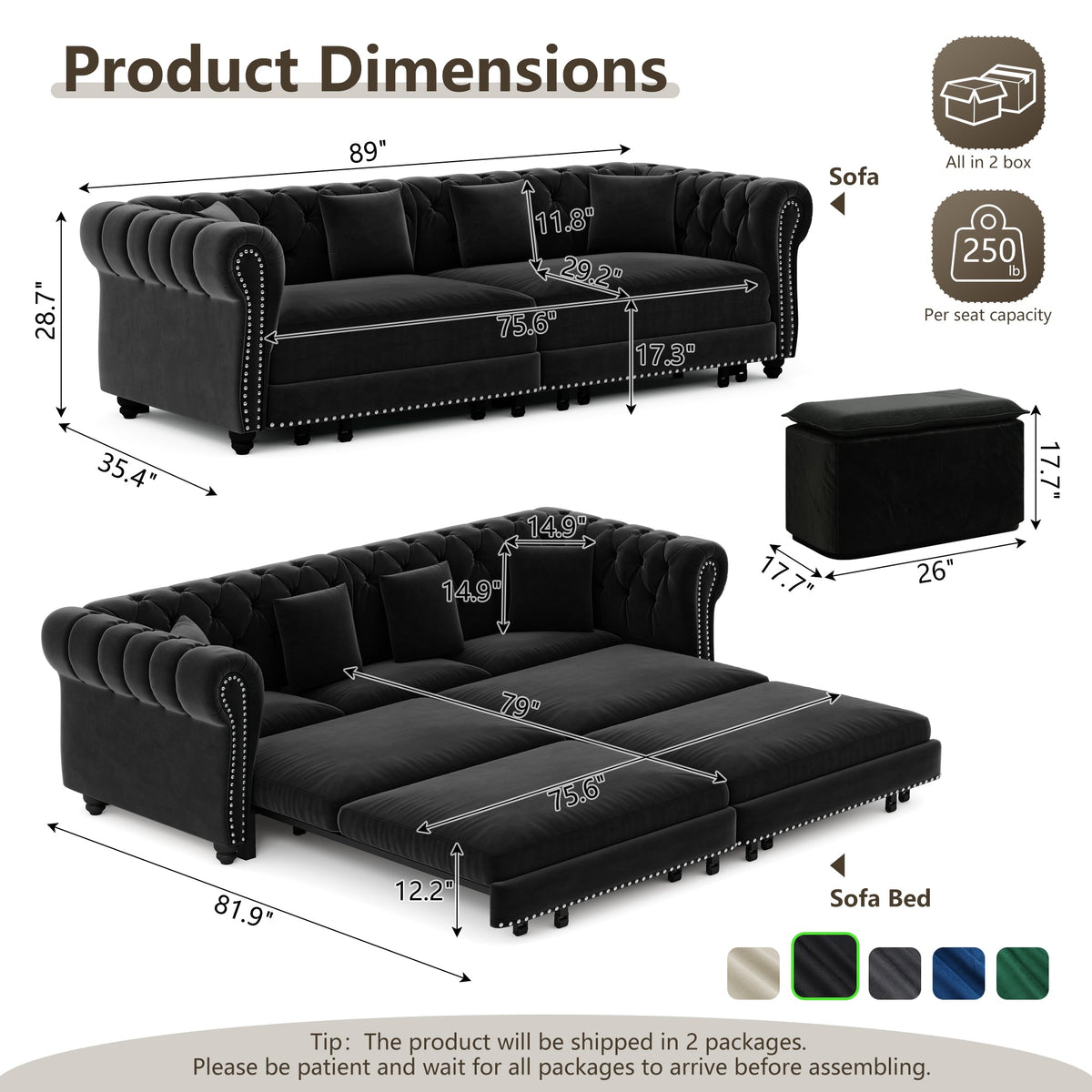Chesterfield Sofa Bed 3-in-1 convertible velvet by HouseOfZazla in black velvet on Tampa Home & Garden Store