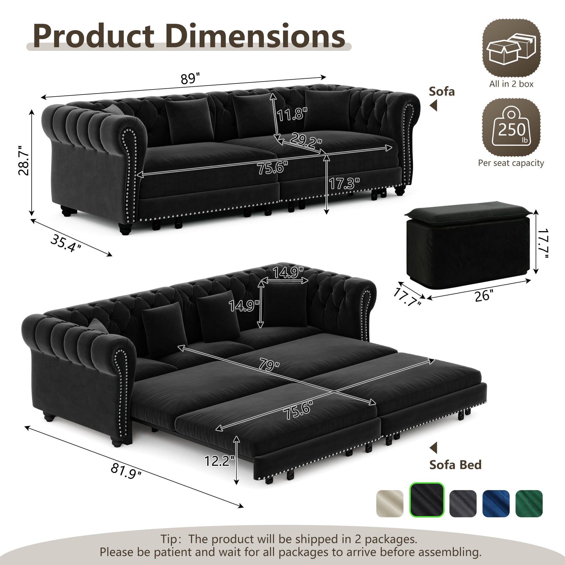 Chesterfield Sofa Bed 3-in-1 convertible velvet by HouseOfZazla in black velvet on Tampa Home & Garden Store