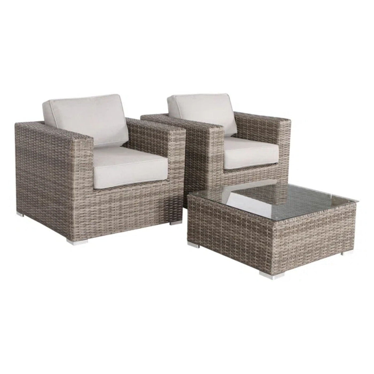 3 piece outdoor seating set with beige cushions in brown wicker; two chairs and a glass table on Tampa Home & Garden Store