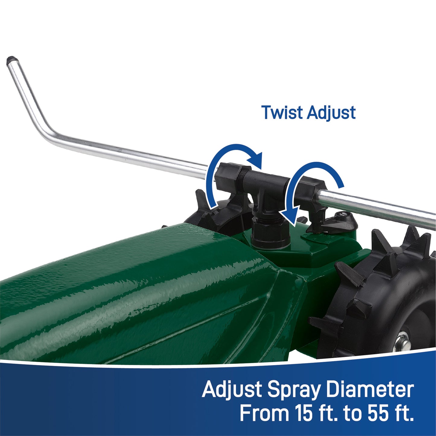 Traveling Sprinkler hose end by Orbit Irrigation, adjustable spray 15-55 ft, compact metal arm on Tampa Home & Garden Store