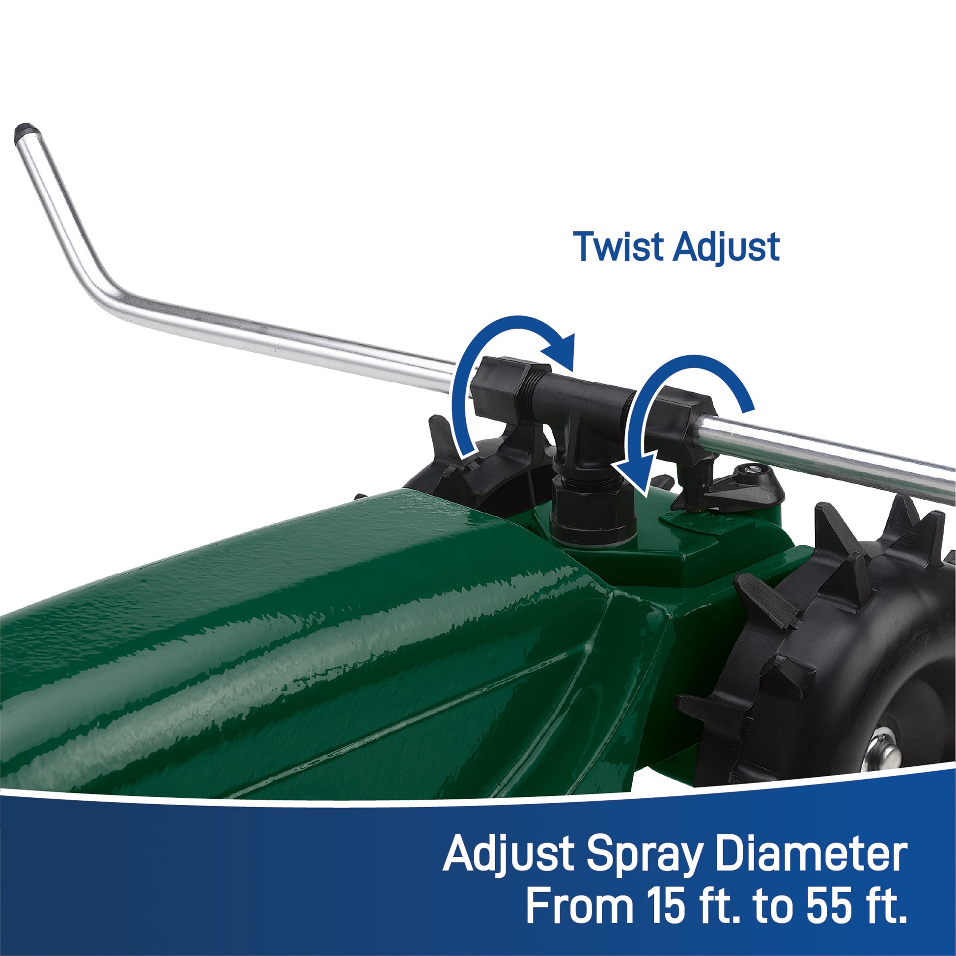 Traveling Sprinkler hose end by Orbit Irrigation, adjustable spray 15-55 ft, compact metal arm on Tampa Home & Garden Store