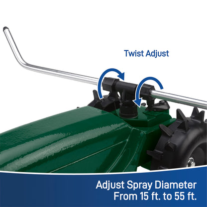 Traveling Sprinkler hose end by Orbit Irrigation, adjustable spray 15-55 ft, compact metal arm on Tampa Home & Garden Store