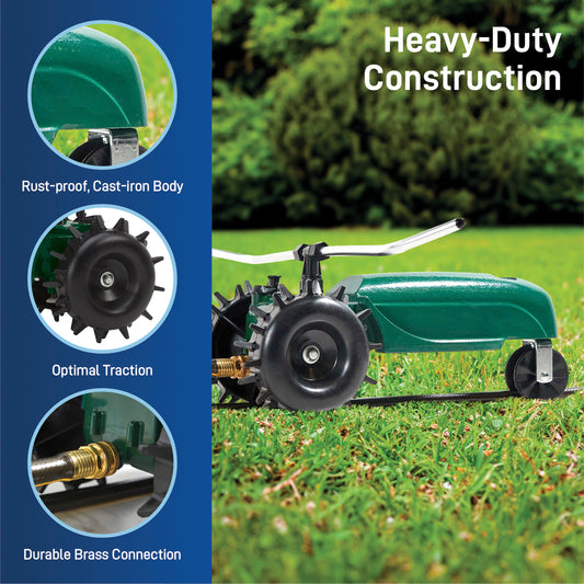 Traveling Sprinkler 58322 by Orbit Irrigation, green body with brass hose connection on lawn on Tampa Home & Garden Store