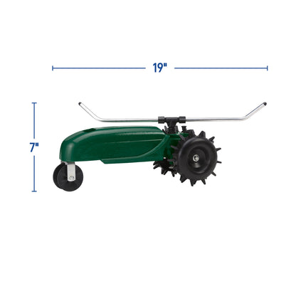 Traveling Sprinkler 58322 Orbit Irrigation hose end sprinkler with green body and metal handle on Tampa Home & Garden Store