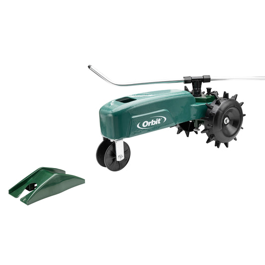 Traveling Sprinkler 58322 hose end sprinkler by Orbit Irrigation, green housing with curved wand on Tampa Home & Garden Store