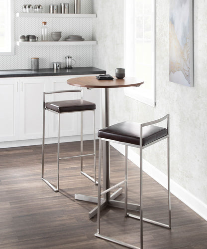 Two contemporary stackable barstools with padded brown seats and chrome frames on Tampa Home & Garden Store