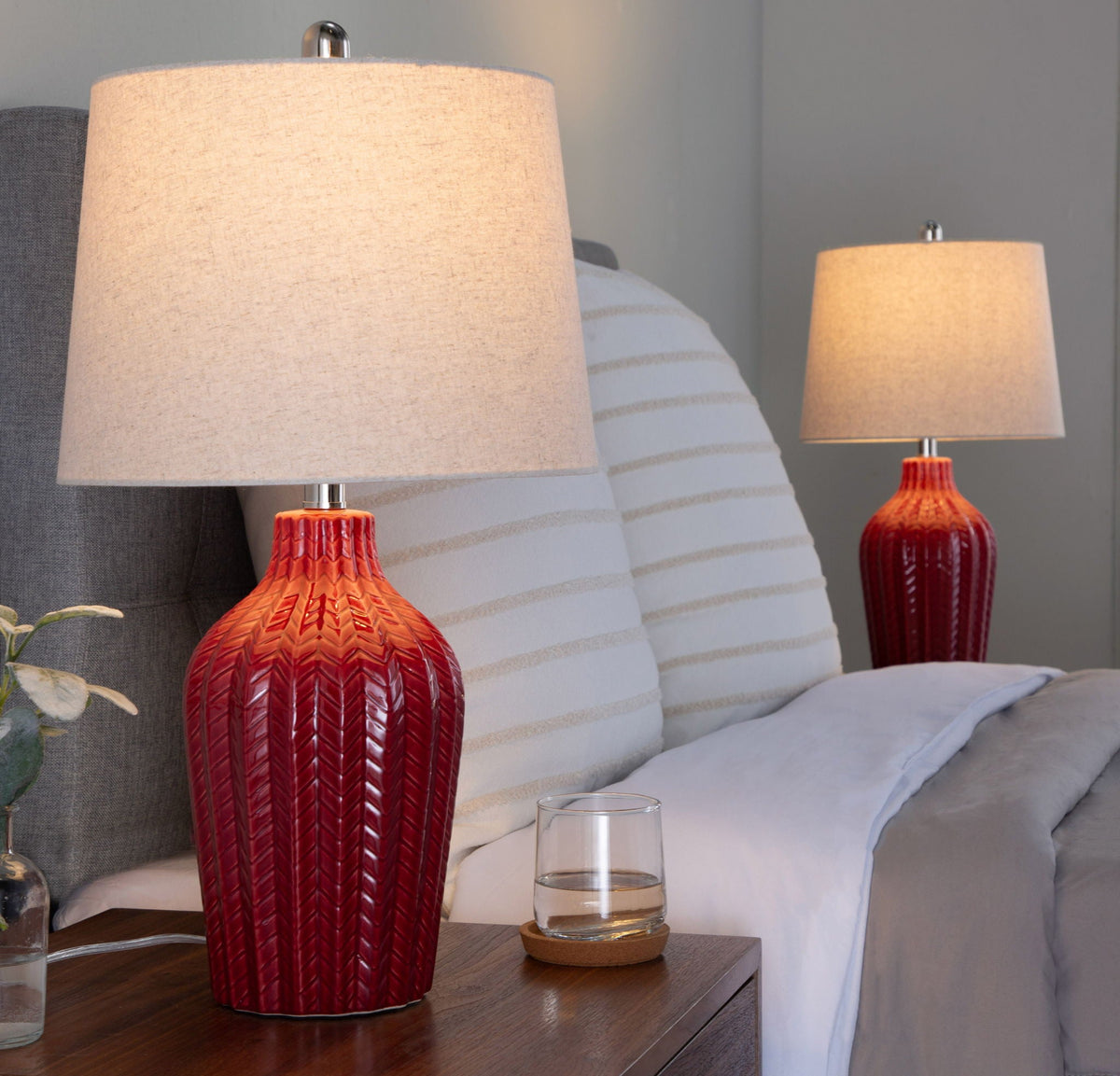 Rockwell table lamp set of 2 with beige shade and red ribbed glass bases HouseOfZazla on Tampa Home & Garden Store
