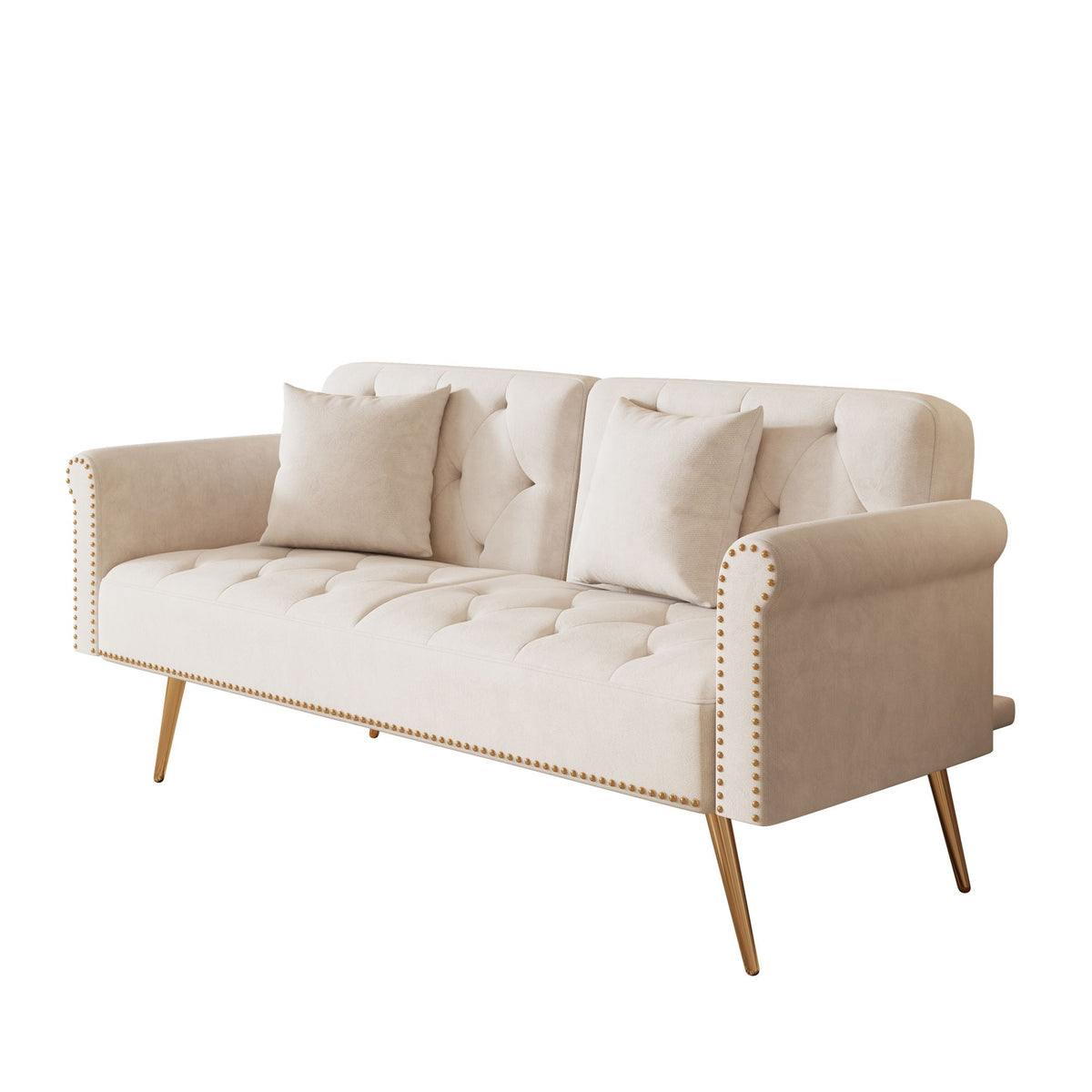 Velvet sofa bed futon with nailhead trim and matching pillows in beige on Tampa Home & Garden Store