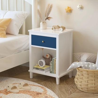 Nightstand with 1 drawer white with blue, Unique Piece Furniture, top vase and wooden car on Tampa Home & Garden Store