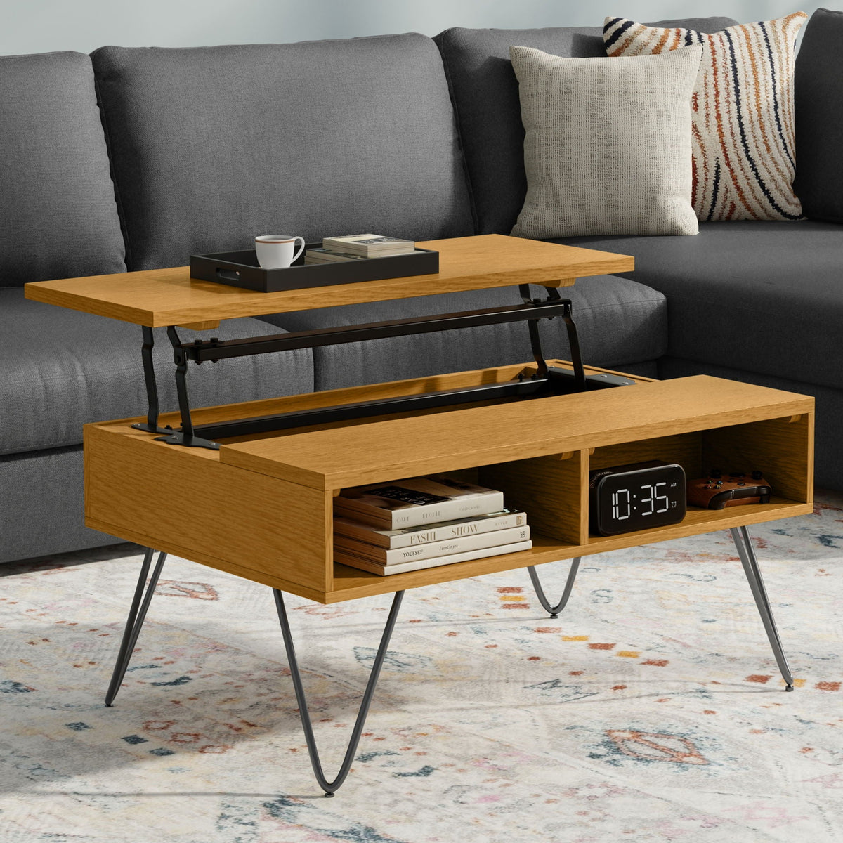 Lift Top Coffee Table with Hidden Storage in oak finish, black metal legs by HouseOfZazla on Tampa Home & Garden Store