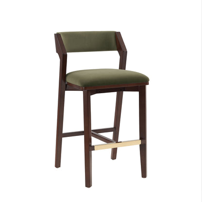 Bar Height Barstool with Backrest in dark green upholstery, wood frame, gold footrest, 28-30in on Tampa Home & Garden Store