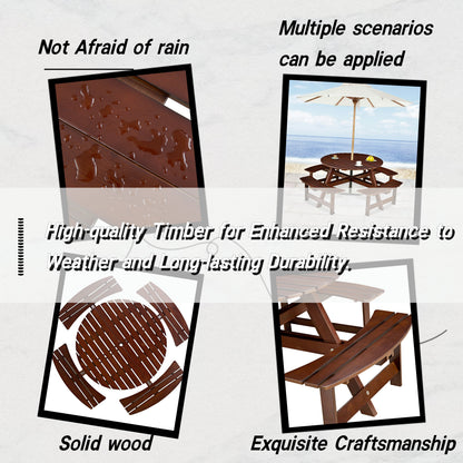 Outdoor 8-person round picnic table with built-in benches by HouseOfZazla; solid wood on Tampa Home & Garden Store