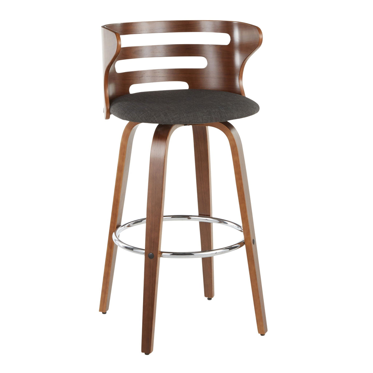 Set of 2 mid-century modern swivel barstools with fixed height and dark gray fabric seats on Tampa Home & Garden Store